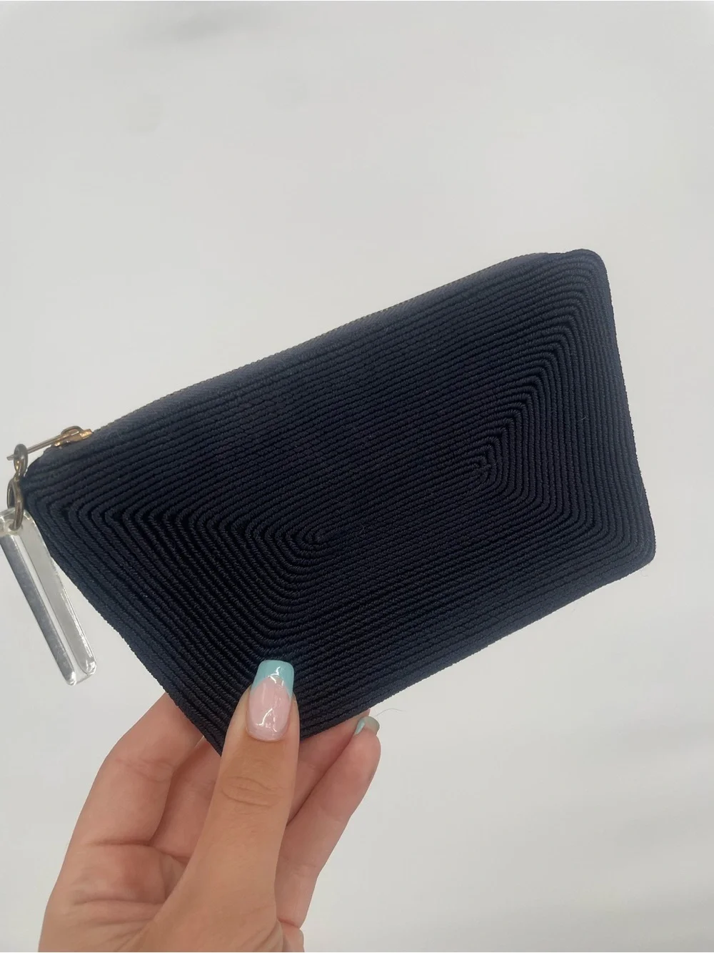 Navy Blue 1940s Textured Small Zip Pouch Clear Lucite Charm Metal Zip Clutch